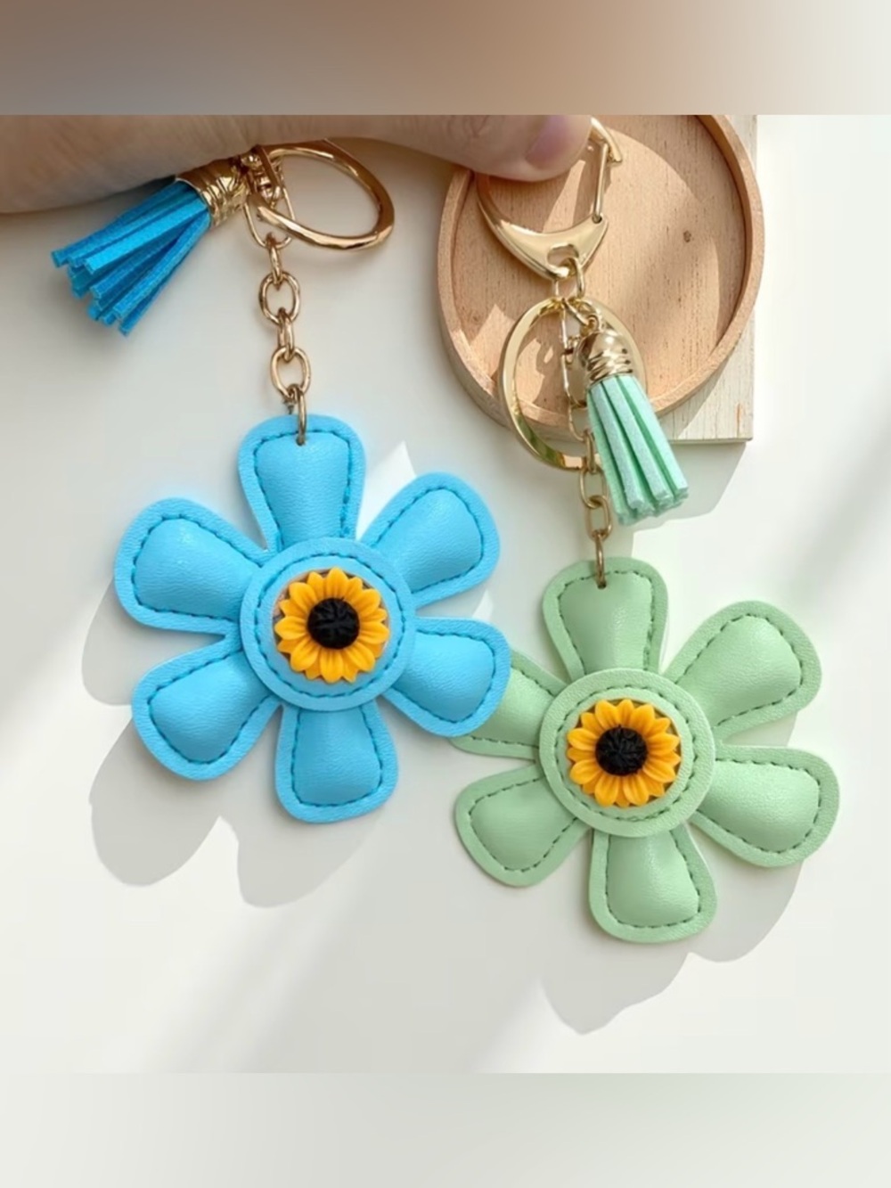 Sunflower Blue or Green Faux Leather Keychain Bag Charm Keychain NWT
